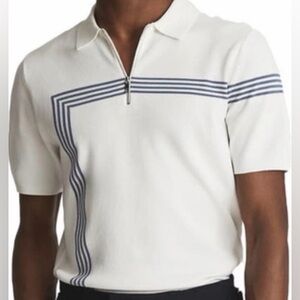 Reiss Sergant Stripe Regular Fit Quarter Zip Polo Shirt - white/blue - size L